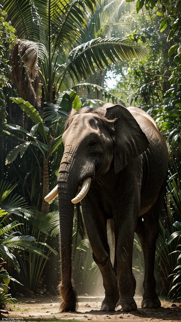 “Create a realistic scene where a majestic horse stands confidently on the back of a massive, gentle elephant. The elephant is walking gracefully through a lush, green jungle, with sunlight filtering through the trees. The horse, standing tall, looks around alertly, symbolizing strength and harmony between the two animals. Ensure the scene captures the intricate details of both animals’ textures, the vibrant jungle environment, and the serene yet powerful dynamic between the horse and the elephant.”