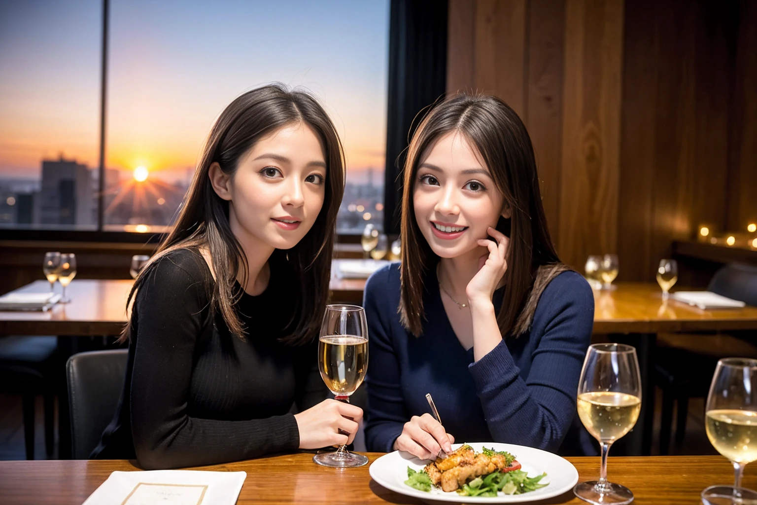 ((Highest quality、8K、masterpiece:1.3))、1 male、1 female、Satomi Ishihara、Beautiful couple、smile、full-course dinner、 (Slim face), (the body is スリム), (Brown Hair), (Shortcuts), ((Bob Hale、Straight hair:1.2)), テーブルの上のwine glass、Put the light on your face、 Amazing view of the sunset sky and clouds、smileの美しさ、Bright image、Blushing, Shortcuts, (43 years old), 39 years old, Appetizers、Italian food、Wine bottle、Champagne、sparkling wine、Long sleeve shirt、dress、Attractive beauty、restaurant, Nova Frog Style, actress, model, Upper Body, White wine, red wine, wine glass,