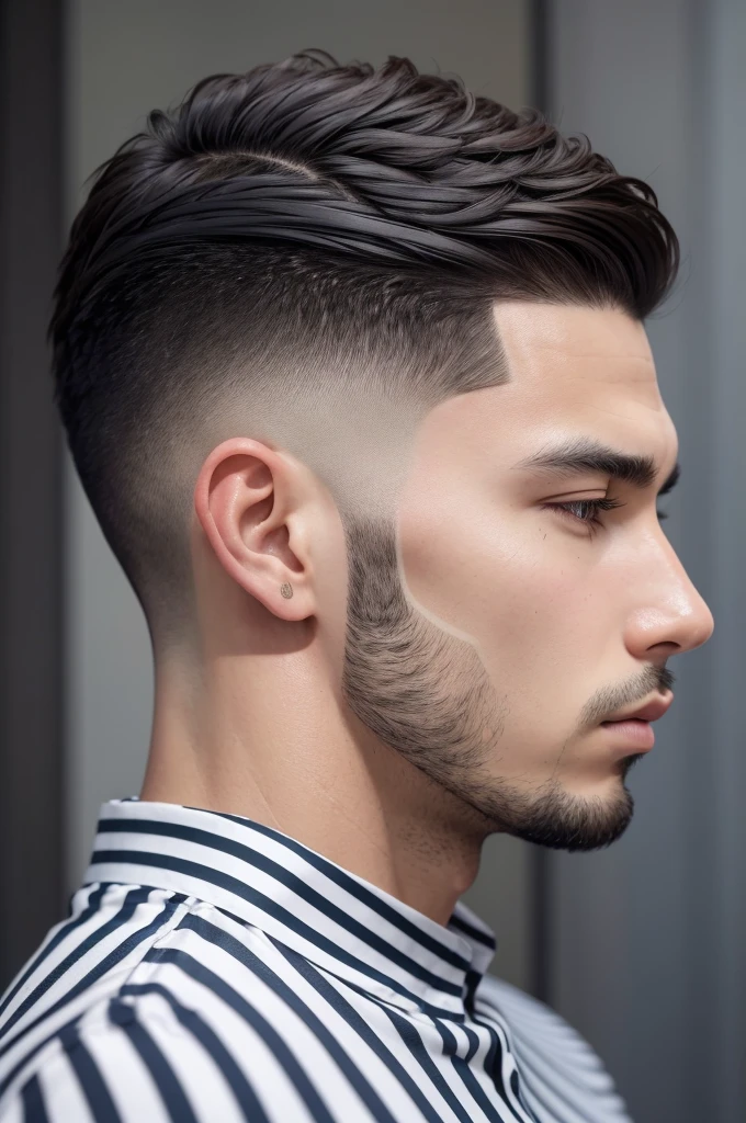 Man in profile, with a haircut, completely shaved on the side and with modern, stylish stripes.