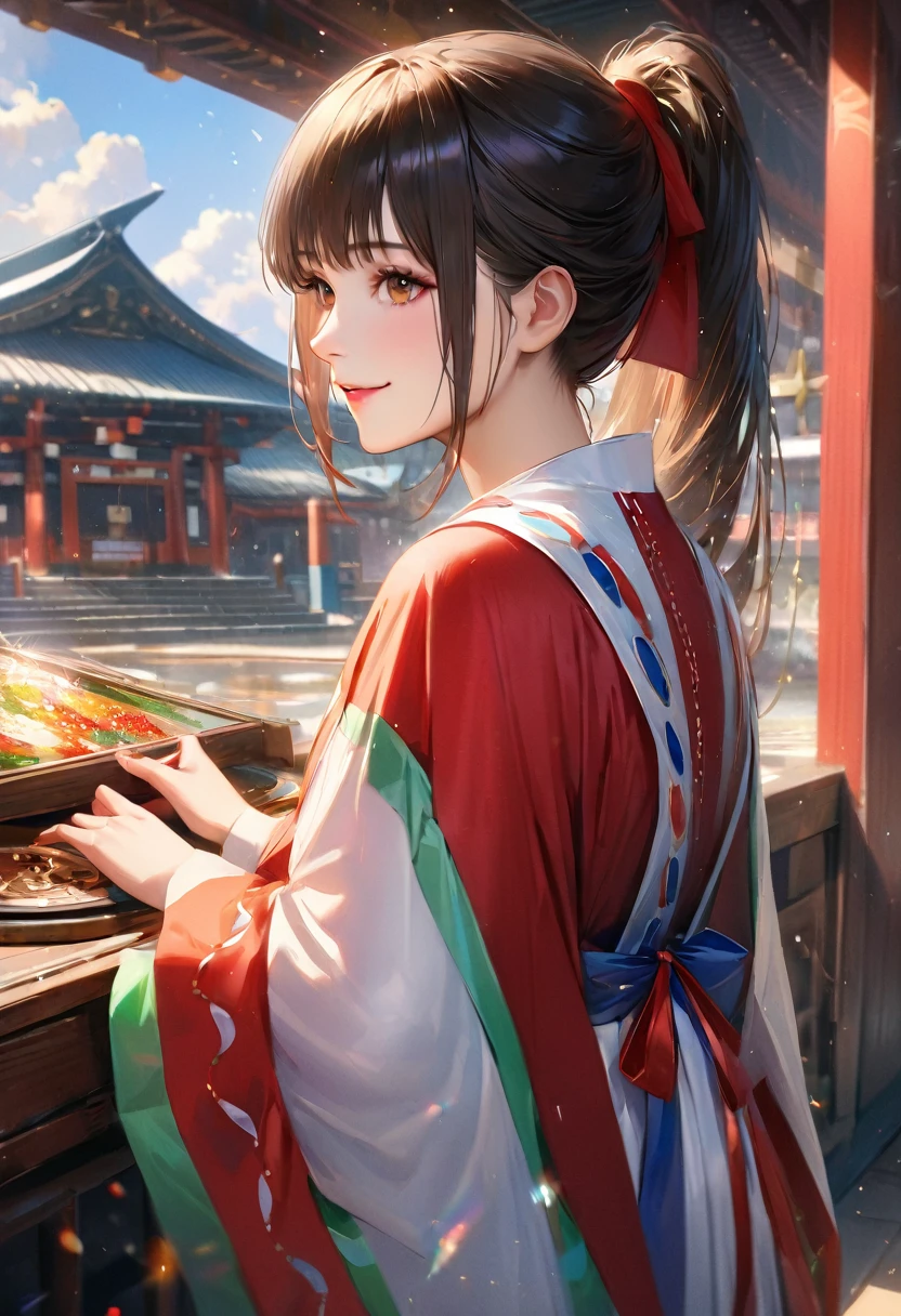 Domestic, Clear sky with white clouds, Shrine Maiden Costume, Blur the background,young woman,ponytail,smile,Glitter effect,Highest quality, 8K, High resolution, masterpiece:1.2, Very detailed, Realistic:1.37, High resolution, 超High resolution, Ultra-fine painting, Very detailed, Professional, Vibrant colors