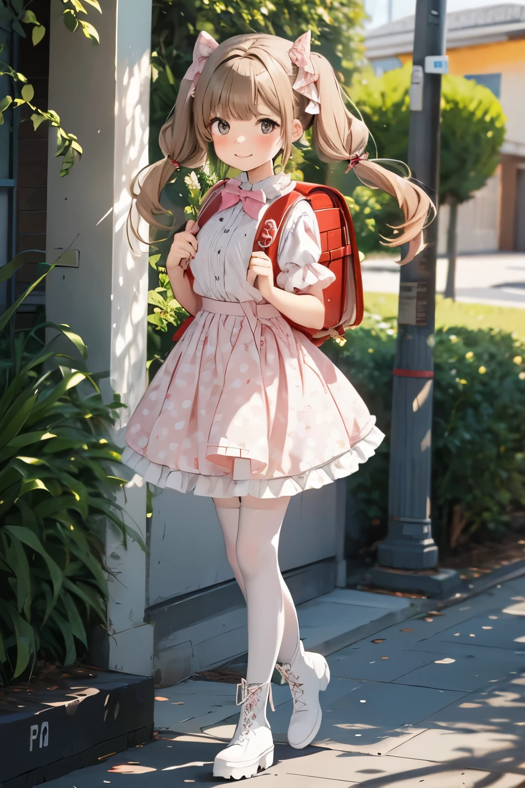 Masterpiece, hd, 1girl, brown hair, twintails, medium hair, hair ribbon, smile, wearing brown backpack, (backpack:1.2), pink dress, cute dress, bowtie, short sleeves, puffy sleeve, polkadot dress, outdoor, standing, fullbody, (fullbody:1.2), wear white pantyhose, white stockings, white heeled boots, (boots:1.2)