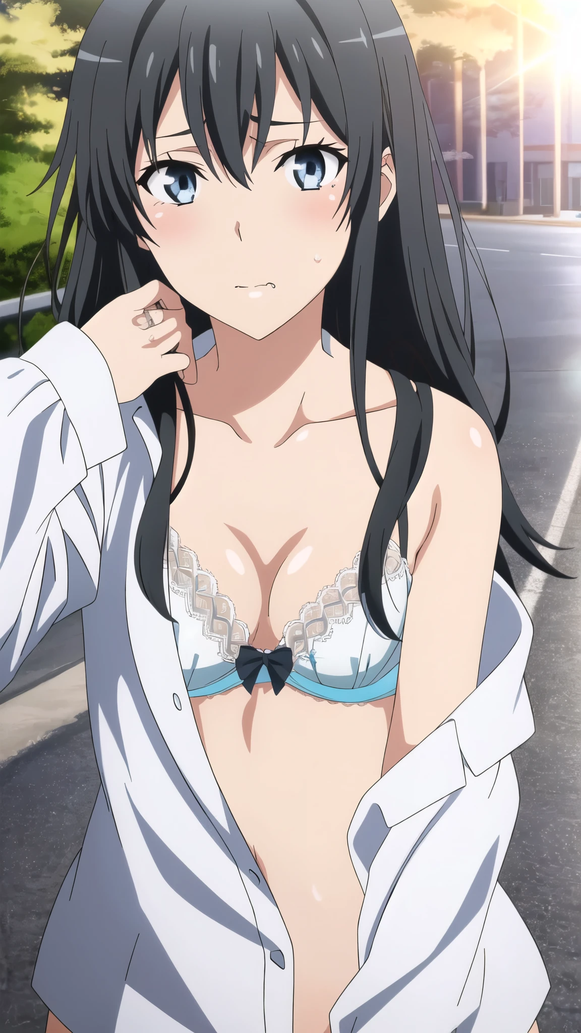 {yukinoshita_yukino_yahariorenoseishunlovecomewamachigatteiru:1.15},black hair, blue_eyes, , 1 girl,,alone, hair between eyes,(torn white shirt,white lace bra,:1.4),, bare shoulders,, cleavage,thighhighs,long hair, ((ecstasy face:1.5)) , beautiful light, half eye closed, close up face,cry beautiful upper body, Beautiful body, beautiful character design, perfect eyes, Perfect face, expressive eyes, looking at the viewer,(lie on road),in the center of the image, official art,High Definition CG Unity, Perfect lit, bright_front_face_lit, ,(Highest_quality:1.0),4k,Super detailed, photograph, 8K, nffsw, High resolution, absurd:1.2, kodak portrait 400, film grain, Lens flare, (lively_color:1.2) (beautiful,small breasts:1.4), (beautiful_face:1.3),(narrow_waist),blush, ((detail nipple)),,