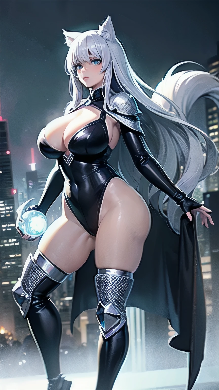 best quality, expressive eyes, perfect face, silver opal lightning storm, post apocalyptic city, holding magic globe, thicc huge busty wolf girl, wallpaper art, very detailed eyes, anime style, full body art