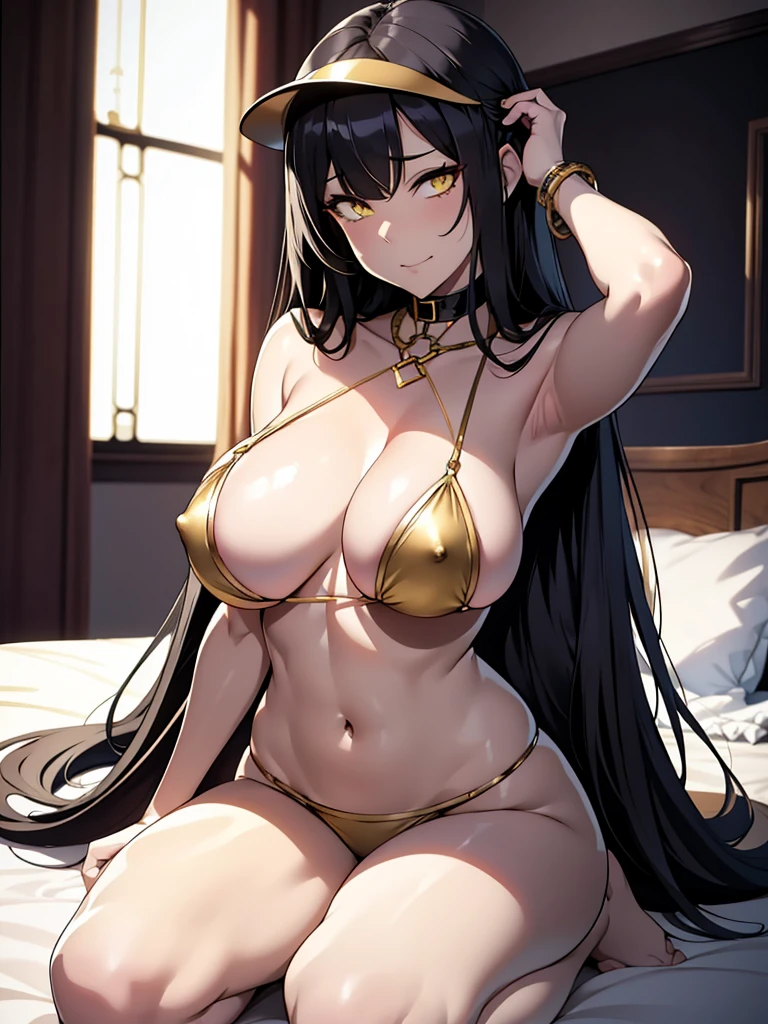 masutepiece, Detailed, Best Quality, Beautiful Girl, Shackles, stock, Troubled face, black hair sexy girl 1girl in, albedo from overlord character, sexy female, Blunt bangs, Big breasts, Amused expression, Looking at Viewer, big butt, mature body, very big tits, half naked, small thong, cute pose, big butt, full body picture, yellow eyes, nsfw, hard nipples, fully naked, a little big areolas. Naked, lie in a bed, cute poses, golden neck chocker and bracelets, super small bikini, g string