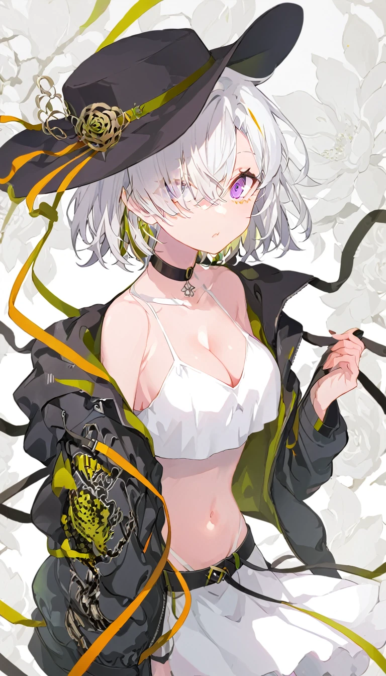 an anime drawing with white hair, holding a jacket with a large hat on, 1girl, breasts, hair over one eye, solo, jacket, navel, purple eyes, short hair, choker, hat, cleavage, black jacket, black headwear, white hair, looking at viewer, open clothes, open jacket, black choker, off shoulder, midriff, belt