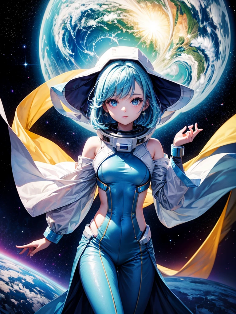 Highest quality,Highest Resolution,A beautiful android girl from the future who travels through space,Earth in the background,Milky Way,