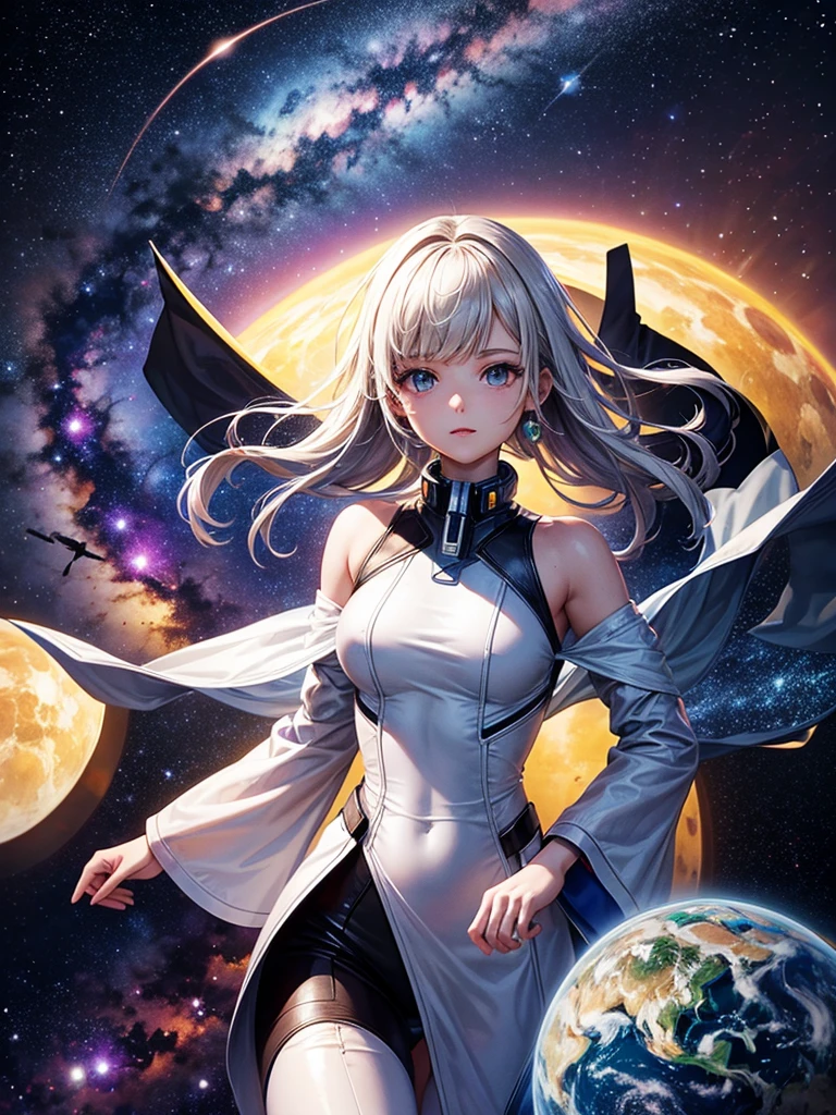 Highest quality,Highest Resolution,A beautiful android girl from the future who travels through space,Earth in the background,Milky Way,