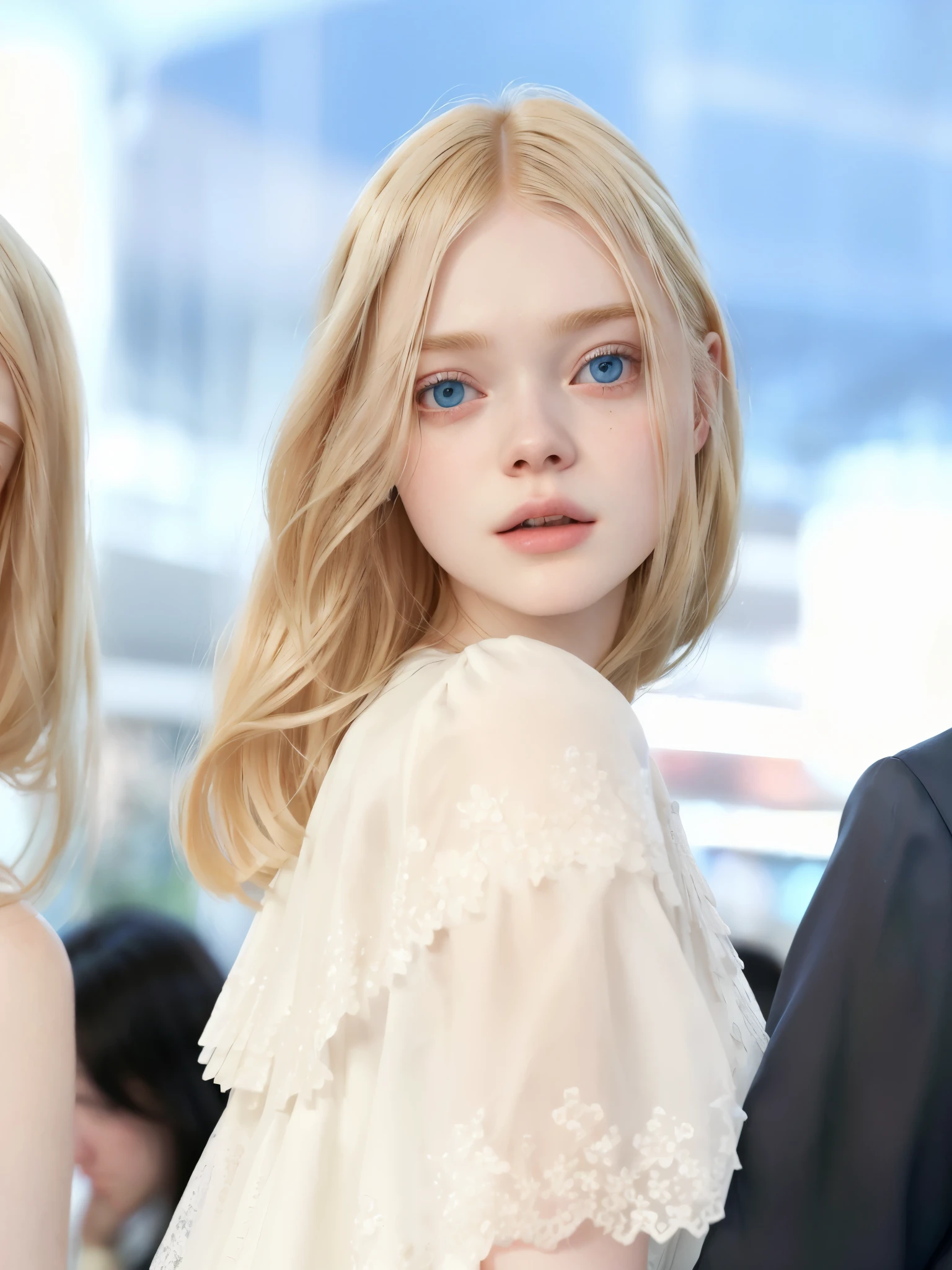 Arafed blonde woman with blue eyes and a white dress., Elle Fanning), Elle Fanning, portrait of Elle Fanning, Elle Fanning as an android, Elle Fanning at night, pale and light skin!!, Elle Fanning at a diner, soft pale golden skin, tejido samara, Cannes, Chloé Grace Moretz, Chloe Moretz, hada ellie bamber