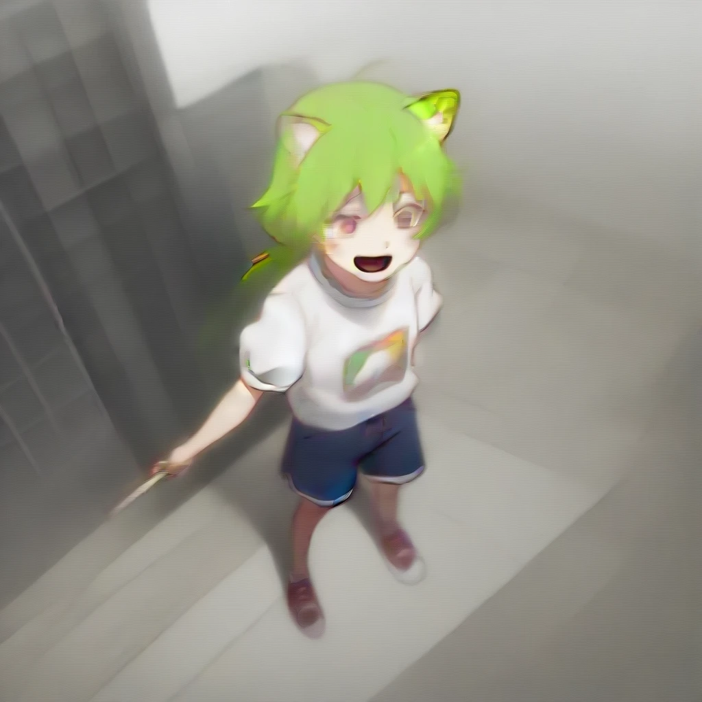 One girl,Zundamo,Voice Box ,Green Hair, Brush Sticker, Animal ears,White shirt, Short sleeve, Long Hair, suspender Shorts,Shorts, Puffy sleeves, Low Ponytail, Hair Ears,
From above, Wide Shot, avert your eyes, Captivating smile, City of Edinburgh, Open your mouth,
masterpiece, Highest quality,