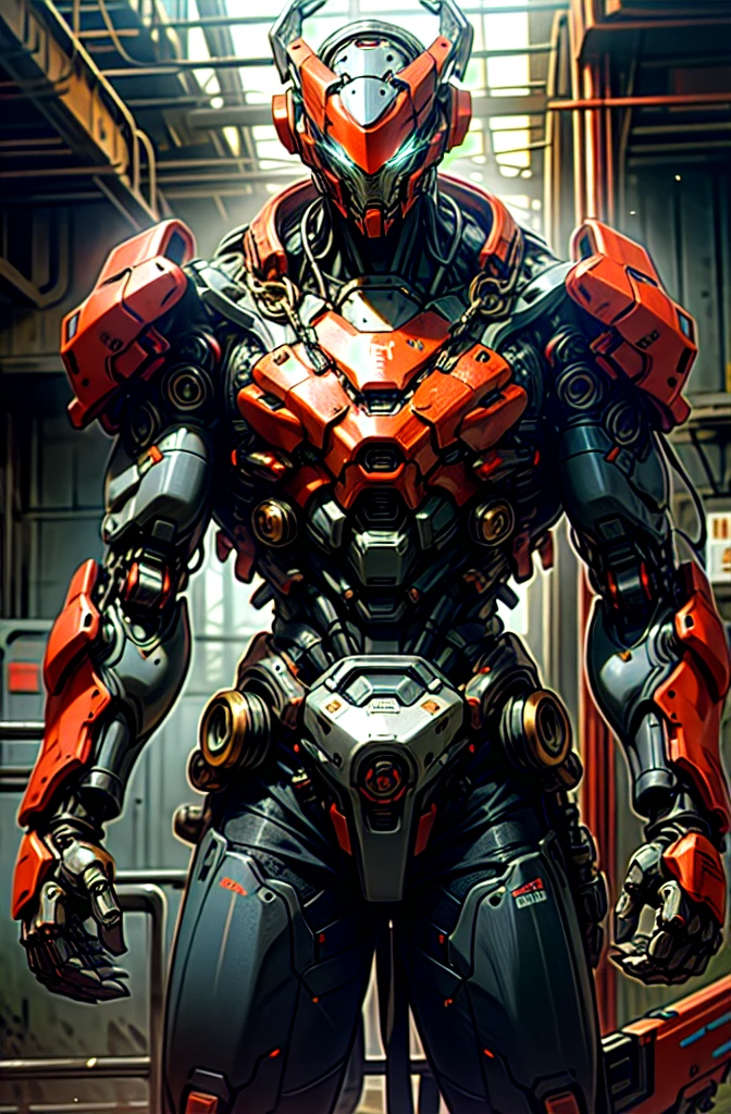 Dark_Fantasy,8k,realstic,Cyberpunk,(chain saw,chain saw man,Red:1.1),1man,Mechanical marvel,Robotic presence,Cybernetic guardian, wearing a worn-out mech suit, intricate, (steel metal [rusty]), elegant, clear focus, shot by greg rutkowski, soft lighting, vibrant colors, masterpiece, ((street)), cowboy shot, dynamic pose,