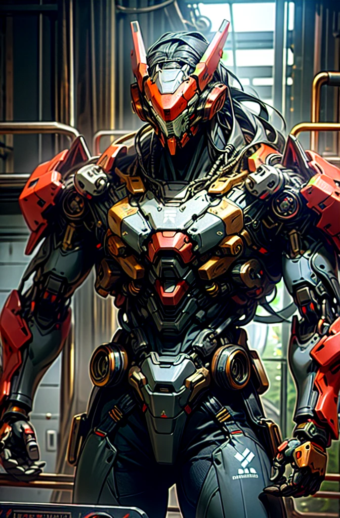 Dark_Fantasy,8k,realstic,Cyberpunk,(chain saw,chain saw man,Red:1.1),1man,Mechanical marvel,Robotic presence,Cybernetic guardian, wearing a worn-out mech suit, intricate, (steel metal [rusty]), elegant, clear focus, shot by greg rutkowski, soft lighting, vibrant colors, masterpiece, ((street)), cowboy shot, dynamic pose,