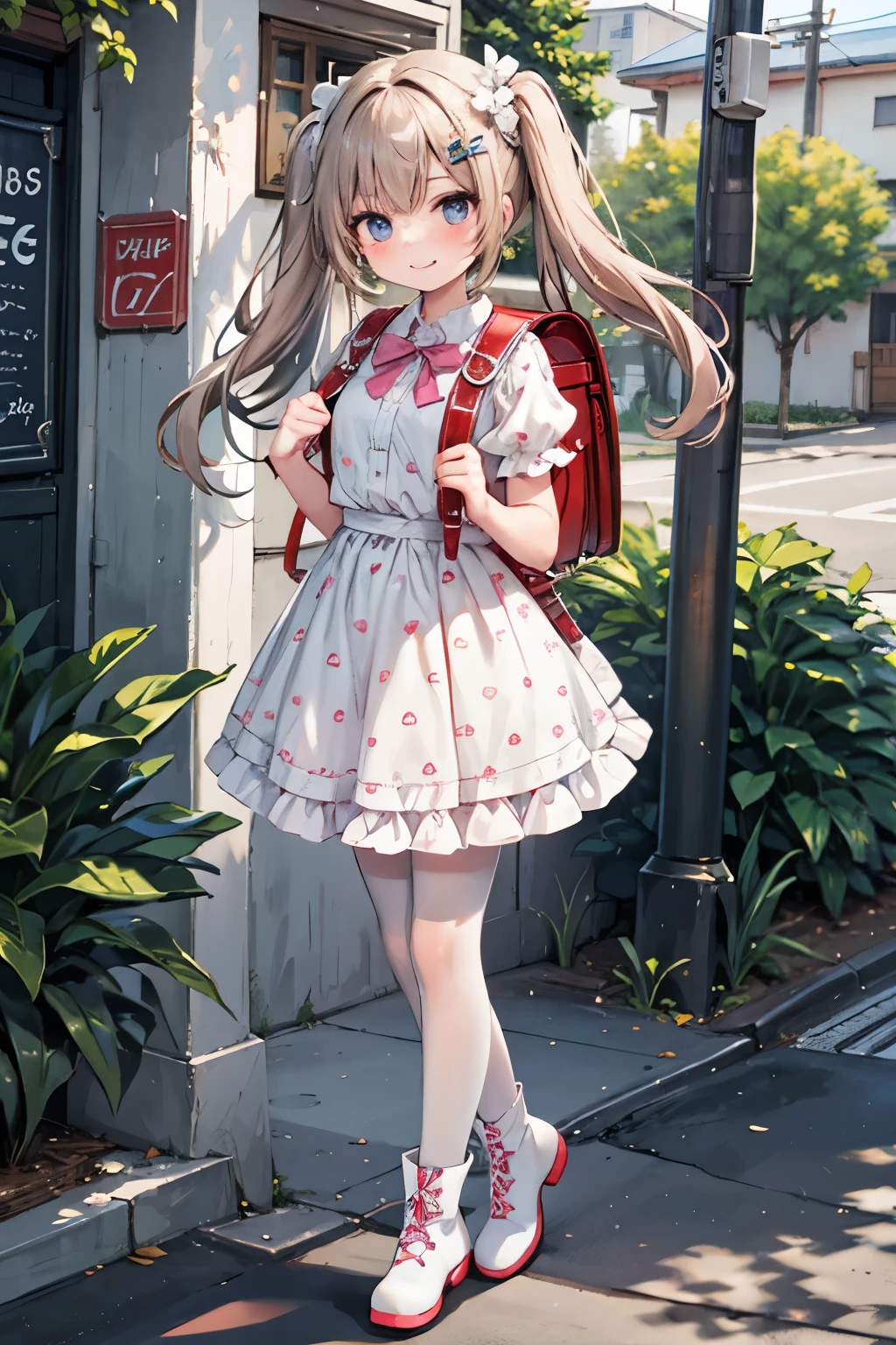 Masterpiece, hd, 1girl, brown hair, twintails, medium hair, hair ribbon, smile, wearing brown backpack, (backpack:1.2), pink dress, cute dress, bowtie, short sleeves, puffy sleeve, polkadot dress, outdoor, standing, fullbody, (fullbody:1.2), wear white pantyhose, white stockings, white heeled boots, (boots:1.2)