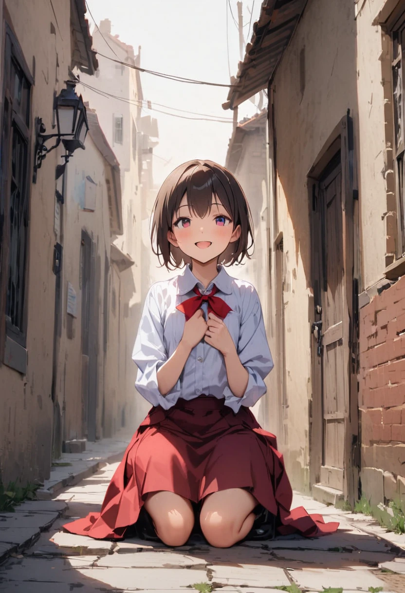 spread legs with squatting pose、M-shaped legs、Spread your legs、Sit on the ground、I'm looking away、In town、bustling street、Pantieini skirt、Private Server、Girl、Girl、Younger、Baby Face、flat chest、Dynamic Angle、smile、Both eyes open、Voyeur style、ground