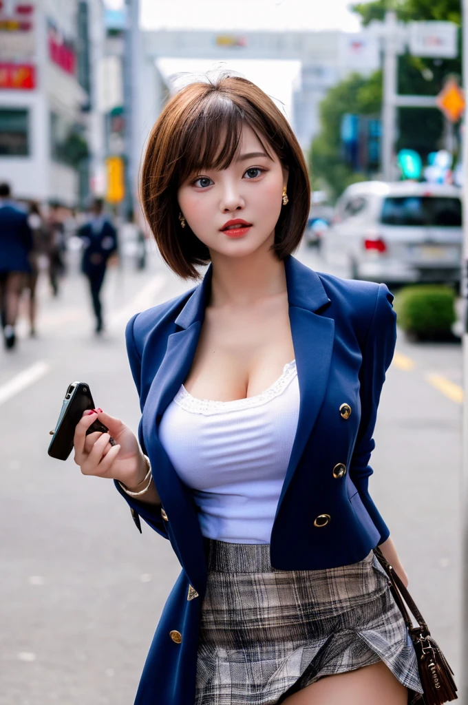 a 23 year old face of the most beautiful actress in the world, the perfect body proportions of a female, short hair cut above the ears for a female, blazer being worn on shirt is tight thanks to large breasts, panties between bare legs are seen just a little thanks to skirt is too short, crotch between bare thighs are erotic, the outfit is covering whole upper body, at the city street, standing, nsfw, best quality, highly detailed, masterpiece, ultra high res, photo realistic, 8k
