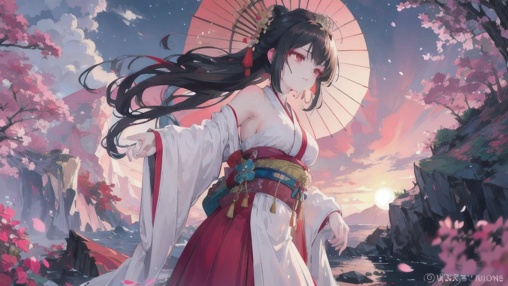 In a realm where the sky is perpetually painted with the vibrant hues of dawn and dusk, stands a majestic figure. She is adorned in an intricately designed kimono, with patterns of cherry blossoms and flowing water, symbolizing the harmony between nature and human spirit. Her dark hair is styled in a traditional updo, adorned with elaborate hairpieces and a striking red parasol. Her crimson eyes reflect a deep sense of wisdom and mystery, hinting at untold stories and hidden powers. With an aura of elegance and strength, she gazes into the distance, as if guarding the secrets of an ancient civilization. The backdrop of swirling clouds and the setting sun adds a mystical quality to the scene, creating an ethereal atmosphere. Write a story about this enigmatic character, exploring her origins, her journey, and the magical world she inhabits.