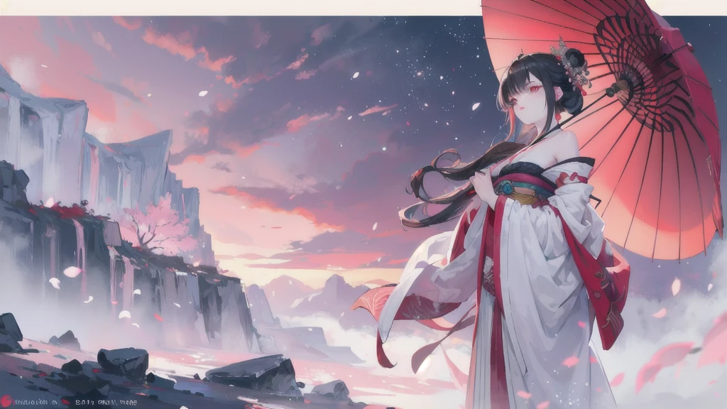 In a realm where the sky is perpetually painted with the vibrant hues of dawn and dusk, stands a majestic figure. She is adorned in an intricately designed kimono, with patterns of cherry blossoms and flowing water, symbolizing the harmony between nature and human spirit. Her dark hair is styled in a traditional updo, adorned with elaborate hairpieces and a striking red parasol. Her crimson eyes reflect a deep sense of wisdom and mystery, hinting at untold stories and hidden powers. With an aura of elegance and strength, she gazes into the distance, as if guarding the secrets of an ancient civilization. The backdrop of swirling clouds and the setting sun adds a mystical quality to the scene, creating an ethereal atmosphere. Write a story about this enigmatic character, exploring her origins, her journey, and the magical world she inhabits.