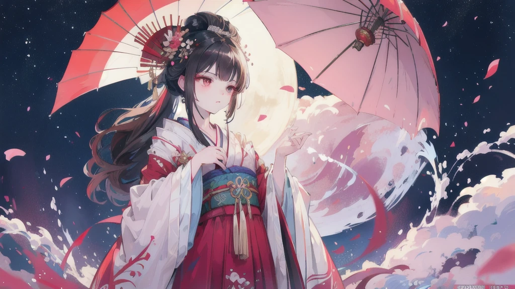 In a realm where the sky is perpetually painted with the vibrant hues of dawn and dusk, stands a majestic figure. She is adorned in an intricately designed kimono, with patterns of cherry blossoms and flowing water, symbolizing the harmony between nature and human spirit. Her dark hair is styled in a traditional updo, adorned with elaborate hairpieces and a striking red parasol. Her crimson eyes reflect a deep sense of wisdom and mystery, hinting at untold stories and hidden powers. With an aura of elegance and strength, she gazes into the distance, as if guarding the secrets of an ancient civilization. The backdrop of swirling clouds and the setting sun adds a mystical quality to the scene, creating an ethereal atmosphere. Write a story about this enigmatic character, exploring her origins, her journey, and the magical world she inhabits.