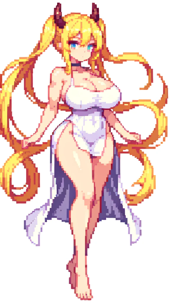 on side,{{long legs}},devil,barefoot,{{very muscular}},{{very gigantic breasts}} ,{{very curvy}} , ,masterpiece , best quality , pixel art , 1 girl ,{full body}, voluptuous ,twintails,blonde hair ,white dress,white background