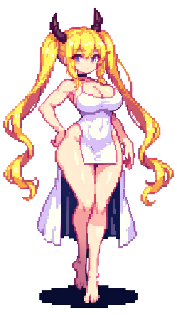 on side,{{long legs}},devil,barefoot,{{very muscular}},{{very gigantic breasts}} ,{{very curvy}} , ,masterpiece , best quality , pixel art , 1 girl ,{full body},  voluptuous ,twintails,blonde hair ,white dress,white background