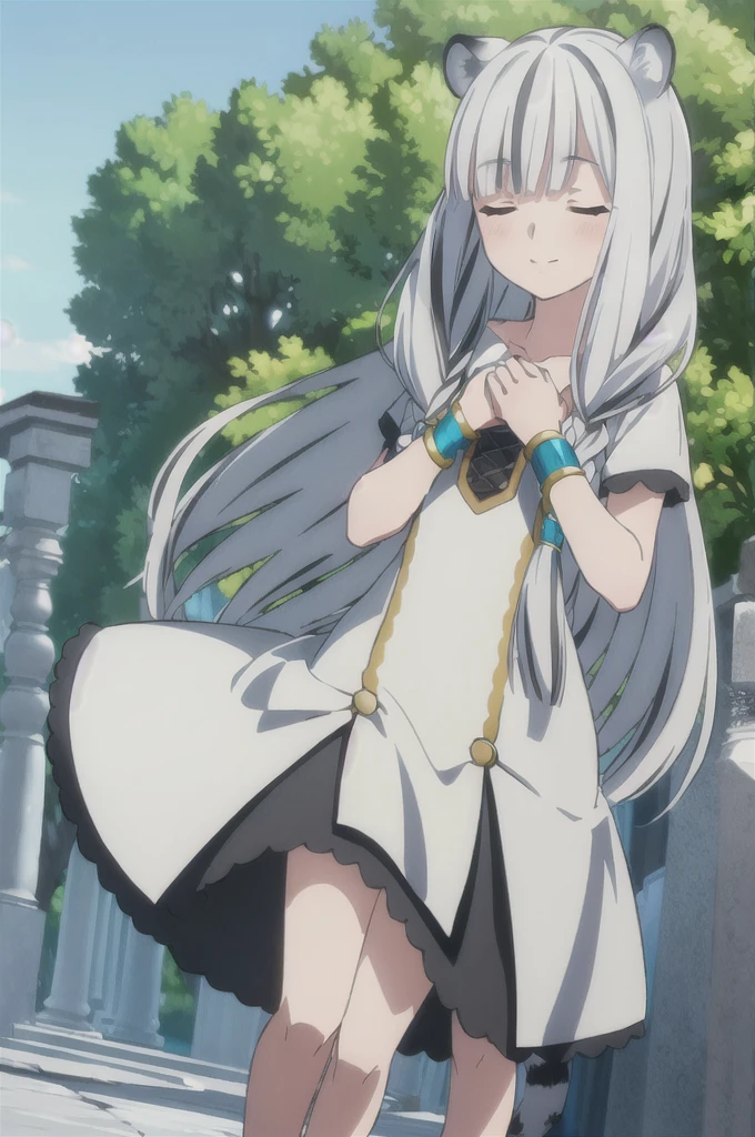 ((masterpiece)), (best quality), (ultra-detailed), photorealistic, (best illustration), ((an extremely delicate and beautiful)), 1girl, solo, long hair, tiger ears, [:tiger tail under:0.2], white hair, two-tone hair, feet out of frame, white dress, (green dress:1), multicolored dress, cross-laced, standing, closed eyes, smile, black skirt, short sleeves, one leg standing, split, barefoot detailed scenery, blue sky, horizon, low twin braids, twin braids, hair ornament, bracelet, (hand on own chest:0.9), blush