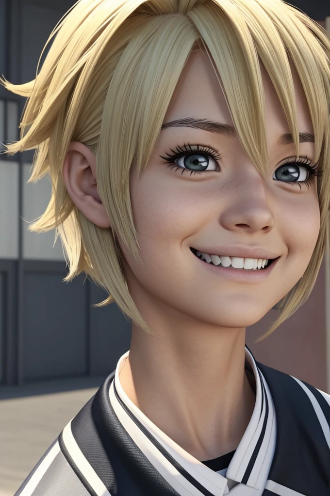 Screenshot my hero academia Girl with short ash blonde hair and black eyes, has a happy expression. He is wearing a UA uniform
