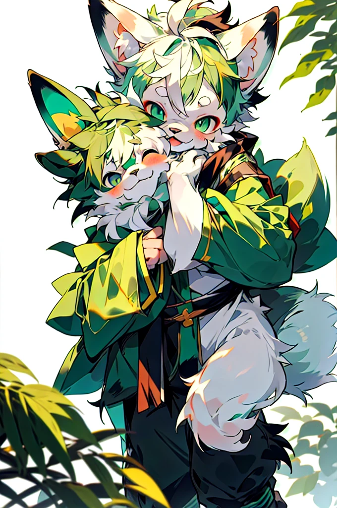 Cute dog with green fur、Shy boy with white hair 