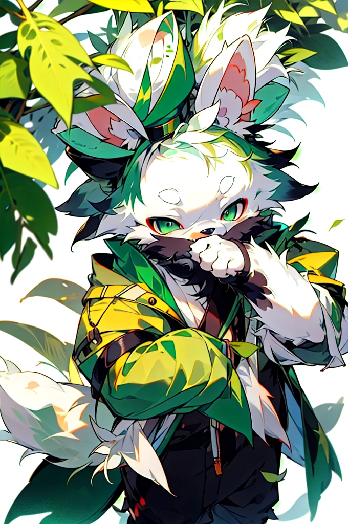 Cute dog with green fur、Shy boy with white hair