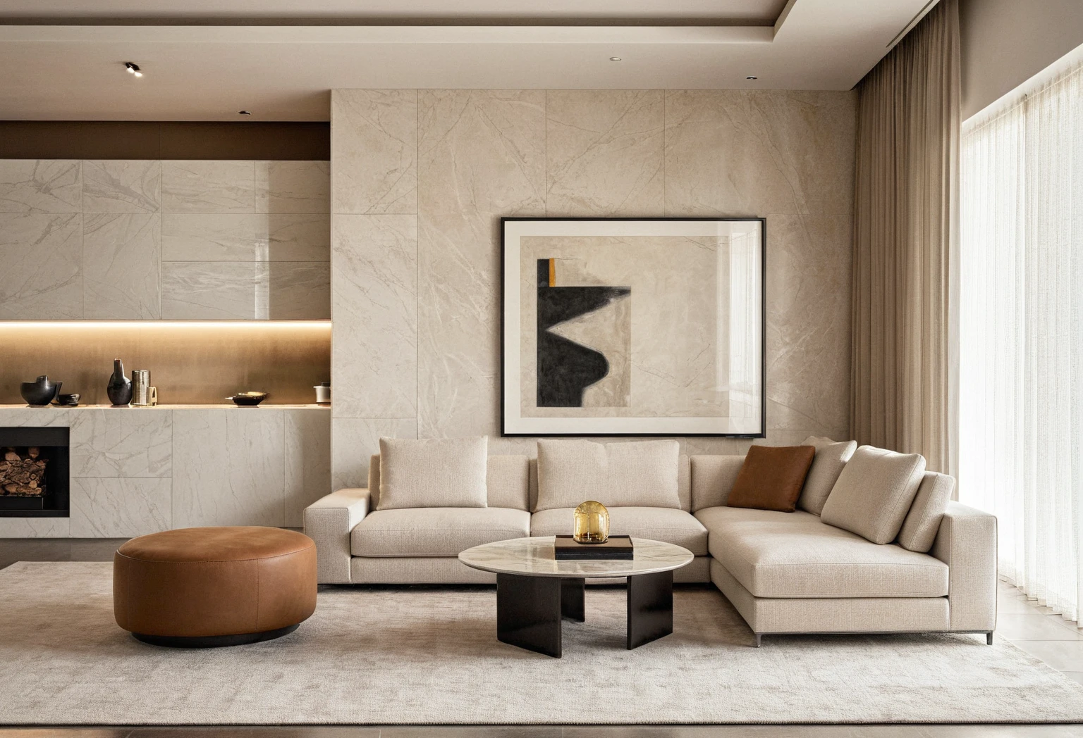 (masterpiece:1.2), best quality, photo of scandinavian living room style, lamp, carpet, television,leather sofa, curtains, glass window, masterpice paintings, marble floor,, minimalist design, high-end wood and metal finishes, neutral and earthy tones, luxurious leather and fabric upholstery, modular sofas, sleek cabinetry, sophisticated matte or glossy surfaces, subtle metallic accents, harmonious blend of functionality and elegance, understated color schemes with occasional bold contrasts, tfz_minotti,
daylight, soft light