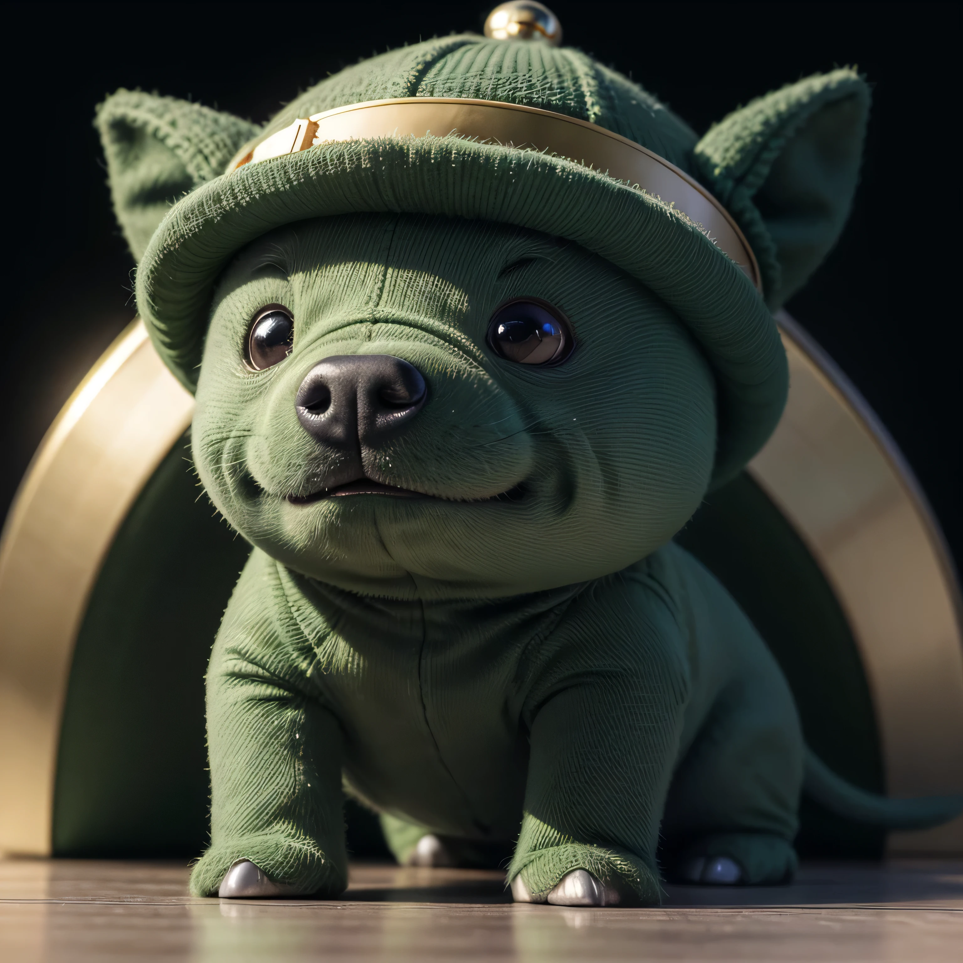 a close-up of a little one in a green hat and green pants, a digital rendering by Nicholas Marsicano, trends in cg society, digitl art, 🐋 as 🐘 as 🤖 as 👽 as 🐳, pots of gold, Satoshi, Cryptography, giant Cryptography vault, gold and green, with many gold coins, green and gold, 🚀🌈🤩, Cryptographycurrency