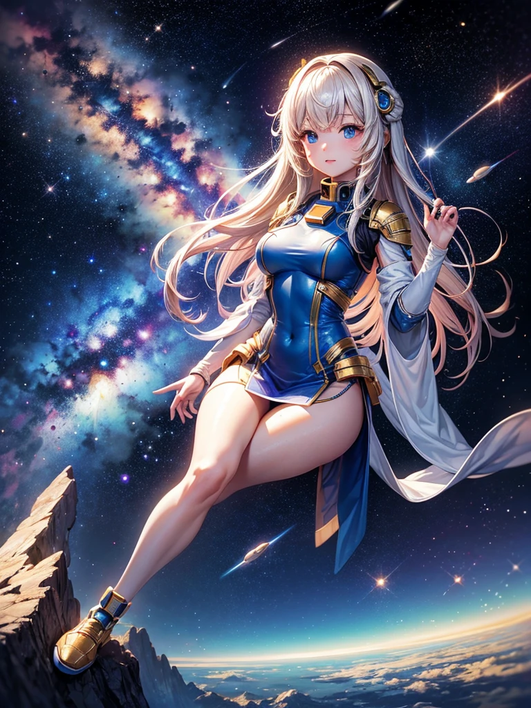 Highest quality,Highest Resolution,A beautiful android girl from the future who travels through space,Earth in the background,Milky Way,