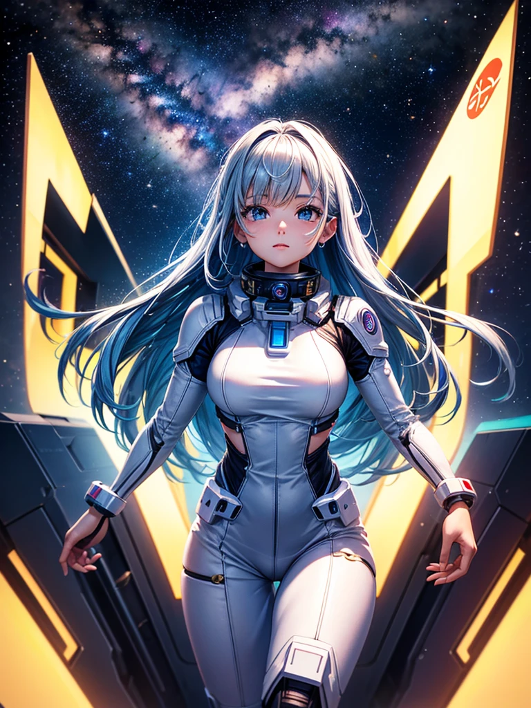 Highest quality,Highest Resolution,A beautiful android girl from the future who travels through space,Earth in the background,Milky Way,