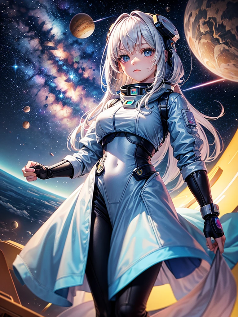 Highest quality,Highest Resolution,A beautiful android girl from the future who travels through space,Earth in the background,Milky Way,