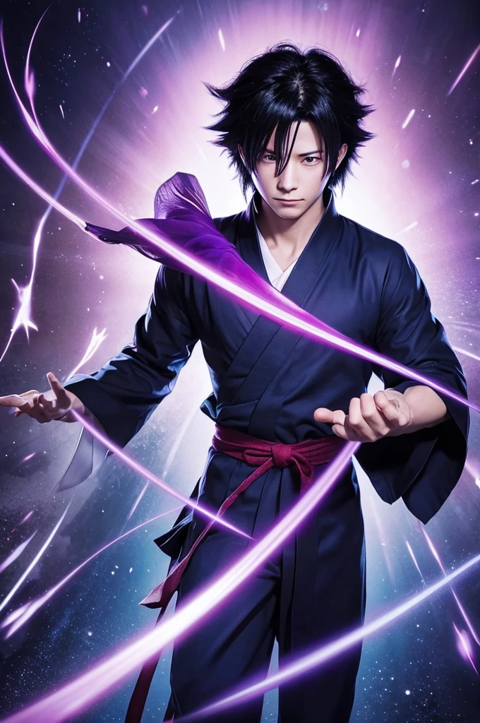 sasuke、Awaken the Mangekyo Sharingan、He is holding his right hand tightly and is surrounded by a purple aura that contains Chidori.