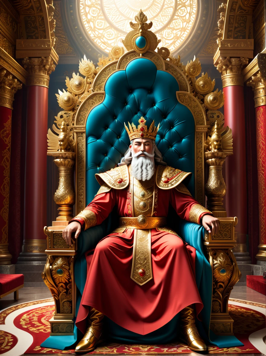 Realistic digital illustrations, Surrealism, The god of trade and prosperity sits on a throne of power in the ornate throne room.