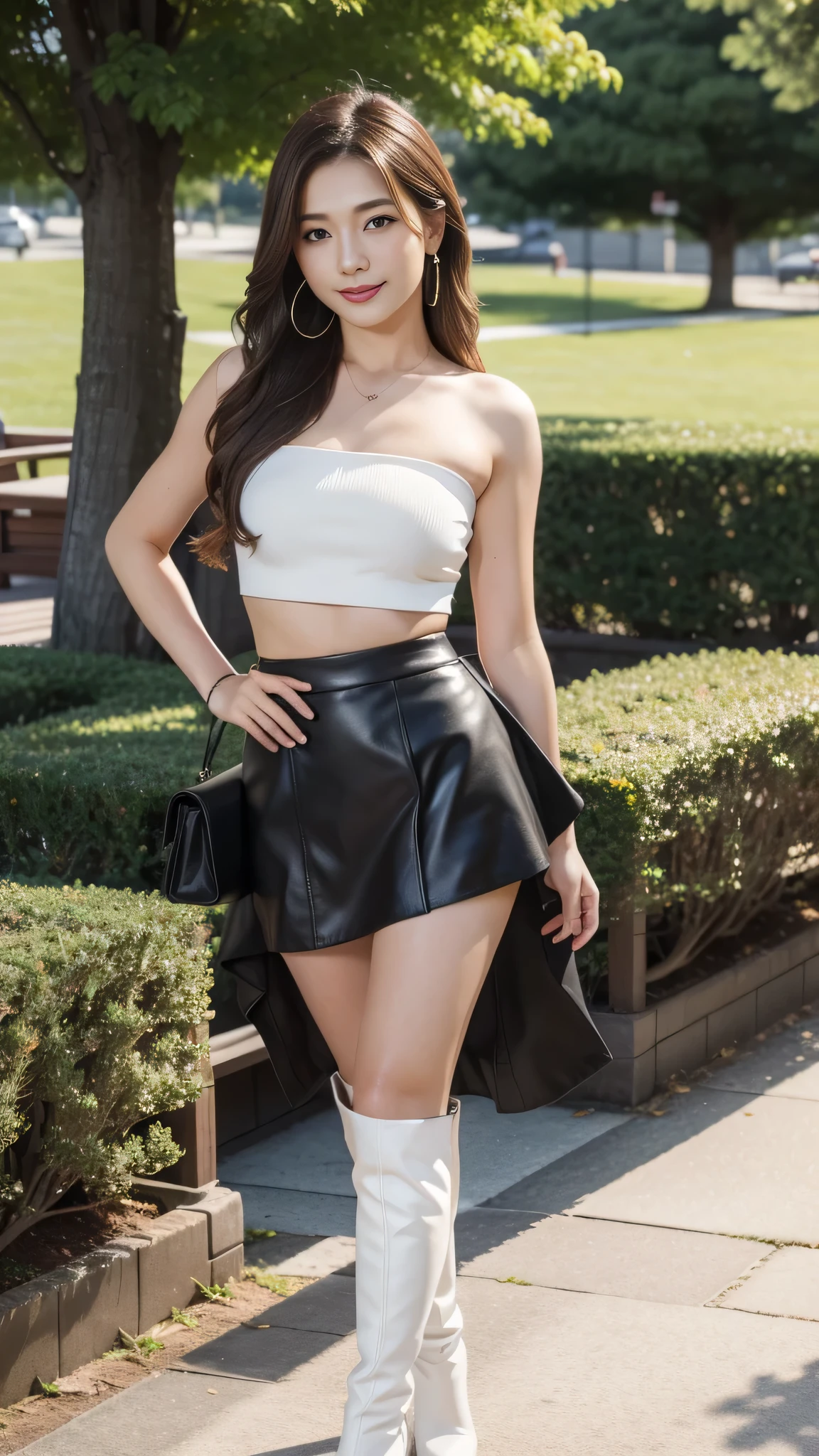 (Brown layered wavy hair),Heavy makeup、(18 year old,two females,Japanese):1.2、8K, Seductive smile,tall:1.4、a small face、Nikon Z 85mm, ((Best Quality)) ,((masterpiece)), intricate detailes, Professional, Realistic, Photorealistic、 ((Strapless,Baretop midriff,Sexy mini skirt)):1.2、(Walking in the park):1.2, large earring、(White Stretch knee boots with high stiletto heels、Pointed toe):1.2、Full body shot