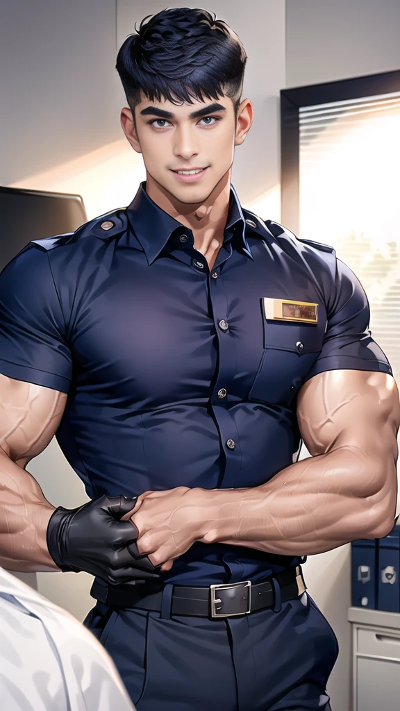 handsome man,(crew cut short hair:1.6),black eye,smile,open mouth,
(navy police uniform outsite :1.5),(shirt short sleeves:1.5),collar,(shirt covered over:1.2),(shirt no buttons:1.1),(black_gloves:1.3),
(Navy blue cargo:1.2),Korean guy,korean men,(High gloss details),(chest muscles:1.2),(large arm muscles:1.2),blood vessel,Big muscles,Broad shoulders,looking at the audience,Balancing the eyes
(in office:1.5),