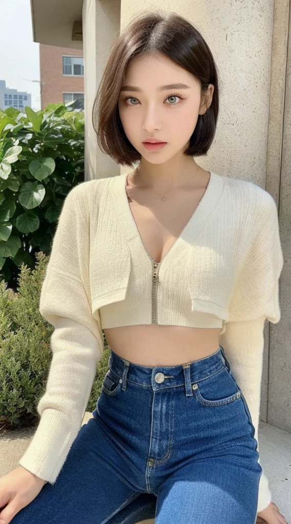 ((best qualtiy,8K,tmasterpiece:1.3)),(Flower Cap:1.3),Perfect beauty:1.4,glute:1.2,(Layered Hair Style:1.2)),(the street:1.3),Highly Detailed Face and Skin Textur , big boobs, full bodyesbian,Elaborate Eyes,double eyelid,Whitens the skin,Short wave hair,Cute Korean beauty(with a round face:1.5),(Loose top,shorter pants:1.6)