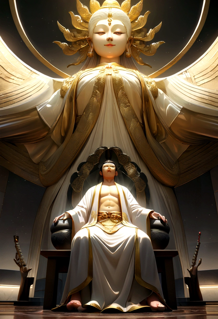 (Chinese immortals), (Buddhism), multiplication_Practical Stories), (Buddha), 她Sitting on the lotus, (Three hands to the left,Three hands to the right, Each hand holds a different Buddhist instrument., Bilateral symmetry),(Beautiful face), (White silk robe)Sitting on the lotus, front Photo,Light smiles, Neoclassicism, On Art, Chiaroscuro, light, Divine Light, Ray Tracing, Role List, Projection Insertion, One person's point of view, Ultra HD, On the table, precise, Textured Skin, Super Detail, High Detail, high quality, The award-winning, best quality, high resolution, 8K