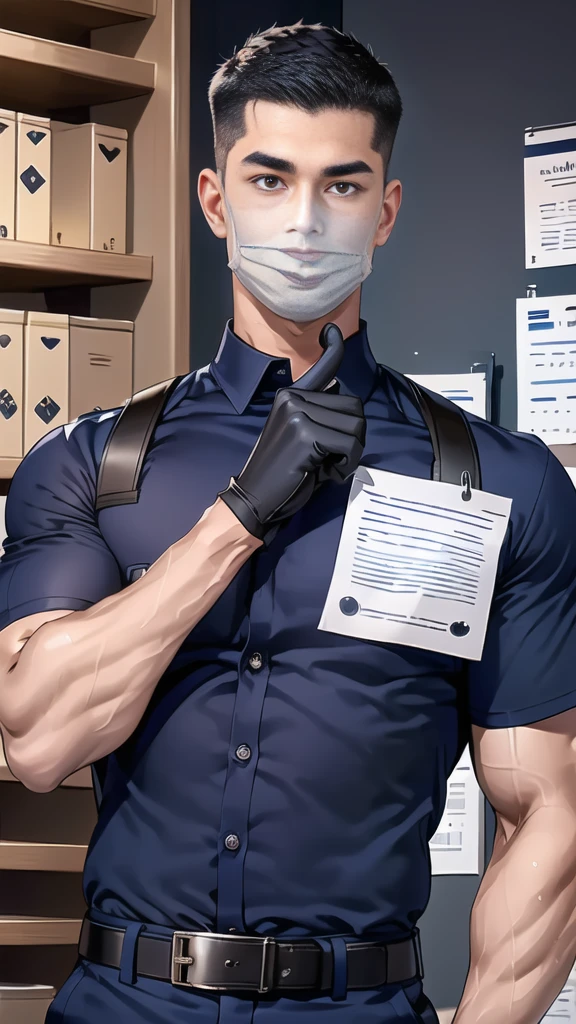 handsome man,(crew cut short hair:1.6),black eye,smile,open mouth,
(navy police uniform outsite :1.5),(shirt short sleeves:1.5),(black_gloves:1.3),
(Navy blue cargo:1.2),Korean guy,korean men,(High gloss details),(chest muscles:1.2),(large arm muscles:1.2),blood vessel,Big muscles,Broad shoulders,looking at the audience,Balancing the eyes,(backpack:1.3)
(in office:1.5) ,(navy Cotton Mask:1.3)