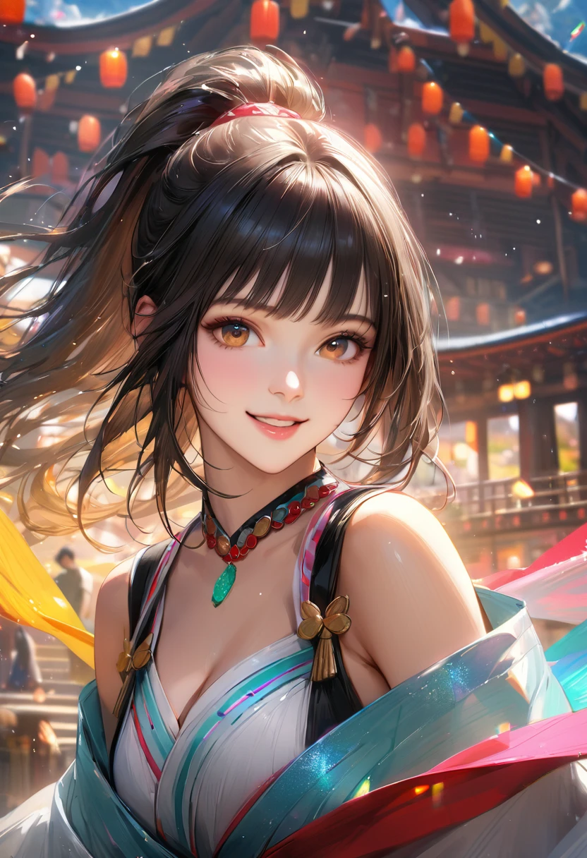 Domestic, Clear sky with white clouds, Shrine maiden, Blur the background,young woman,ponytail,smile,Glitter effect,Highest quality, 8K, High resolution, masterpiece:1.2, Very detailed, Realistic:1.37, High resolution, 超High resolution, Ultra-fine painting, Very detailed, Professional, Vibrant colors