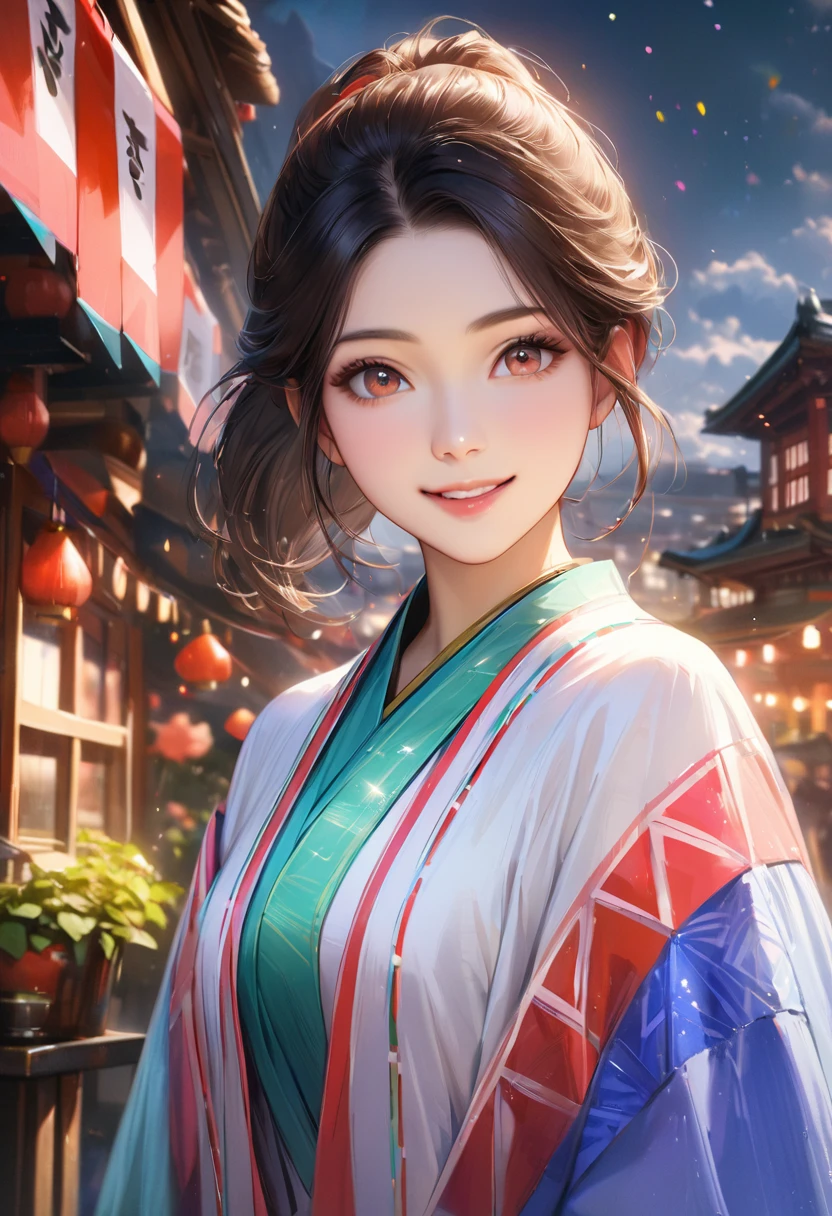Domestic, Clear sky with white clouds, Shrine maiden, Blur the background,young woman,ponytail,smile,Glitter effect,Highest quality, 8K, High resolution, masterpiece:1.2, Very detailed, Realistic:1.37, High resolution, 超High resolution, Ultra-fine painting, Very detailed, Professional, Vibrant colors