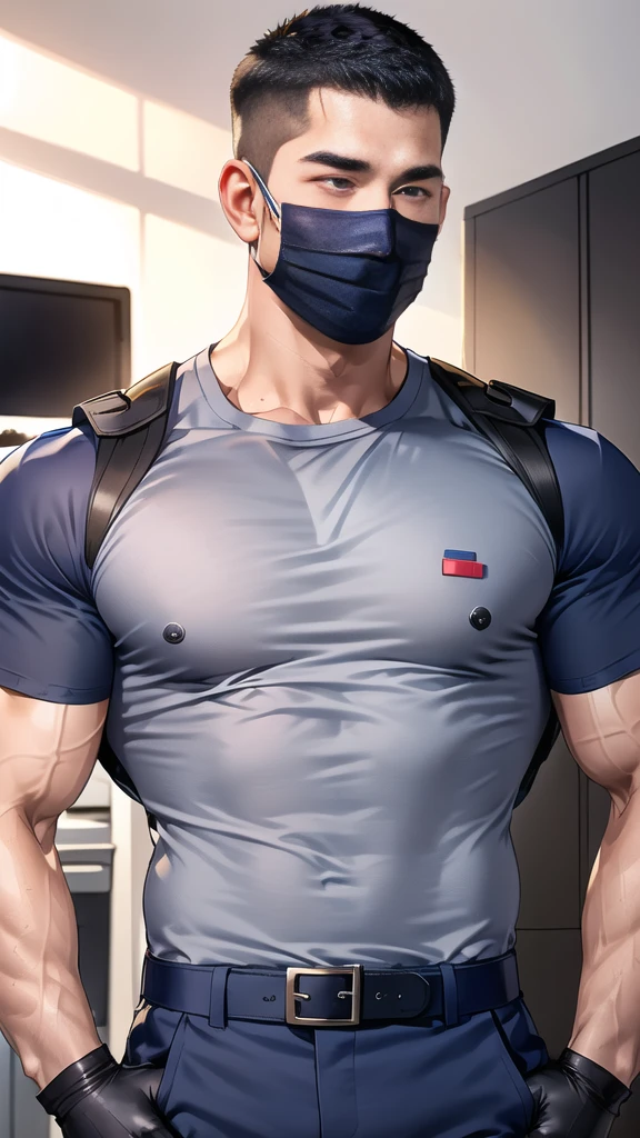 handsome man,(crew cut short hair:1.6),black eye,smile,open mouth,
(navy police uniform outsite :1.5),(shirt short sleeves:1.5),(black_gloves:1.3),
(Navy blue cargo:1.2),Korean guy,korean men,(High gloss details),(chest muscles:1.2),(large arm muscles:1.2),blood vessel,Big muscles,Broad shoulders,looking at the audience,Balancing the eyes,(backpack:1.3)
(in office:1.5) ,(navy Cotton Mask:1.3)
