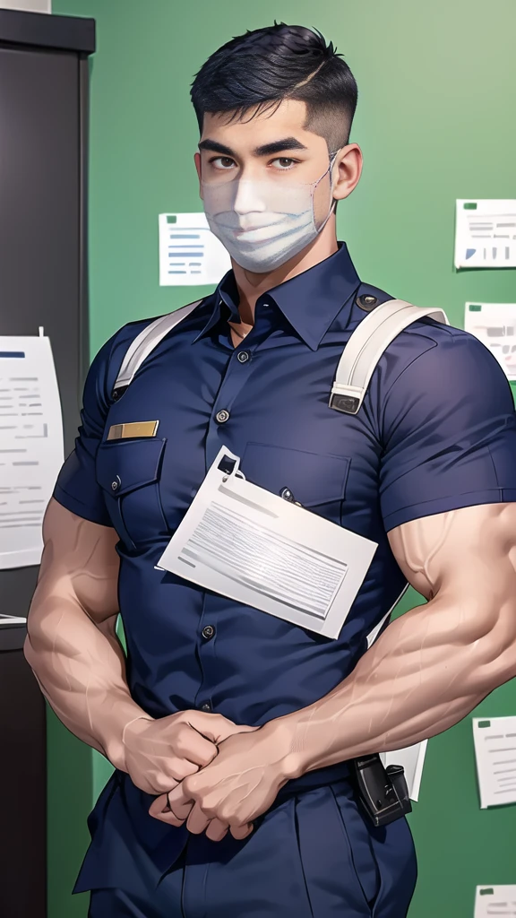 handsome man,(crew cut short hair:1.6),black eye,smile,open mouth,
(navy police uniform outsite :1.5),(shirt short sleeves:1.5),(black_gloves:1.3),
(Navy blue cargo:1.2),Korean guy,korean men,(High gloss details),(chest muscles:1.2),(large arm muscles:1.2),blood vessel,Big muscles,Broad shoulders,looking at the audience,Balancing the eyes,(backpack:1.3)
(in office:1.5) ,(navy Cotton Mask:1.3)