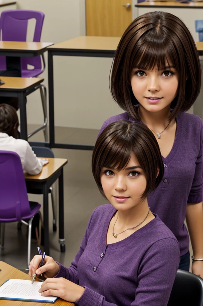 Create a character with brown hair, a purple lock, short black hair and cat fangs, and in the background a UA classroom sitting at a table.