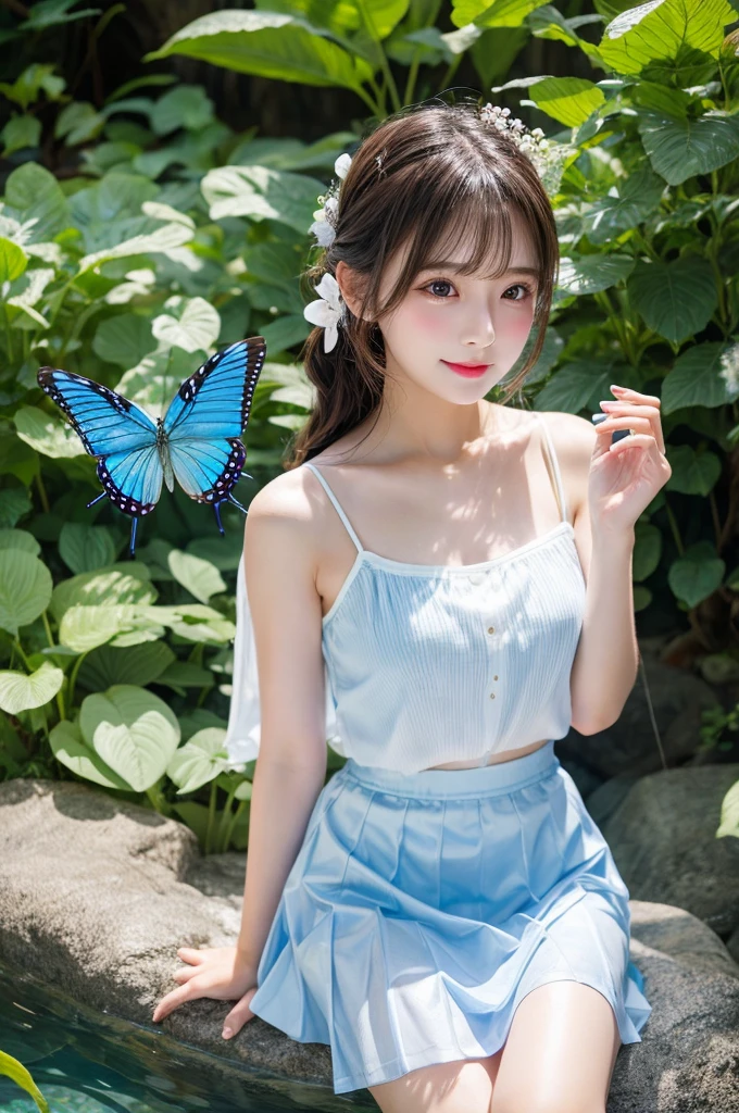 1 Girl, Clear water, Blue Butterfly, Pure white gauze skirt, Sparkling