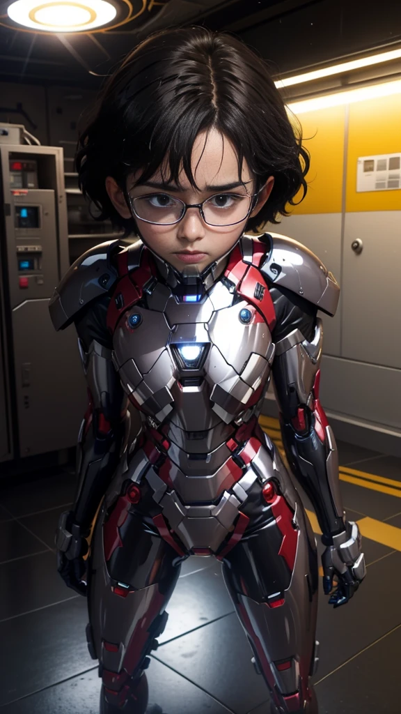 Highest quality　8k Full Body Iron Man Suit Girl　Glasses　cute　Elementary school girl　Sweaty face　Hot and tired look　short hair　boyish　Steam coming out of my head　My hair is wet with sweat　Black Hair　My upper body is soaked　 　I can see the vagina　　Face soaked　Spread your legs　　bright