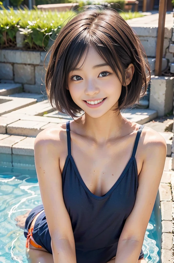 Best image quality、Ultra-high resolution、Tabletop、Photo quality(Realistic:1.8)、pores、Accuracy、Japanese women、、Black-haired、cuteえくぼ、Young Face、cute、Short Bob、Slender girl、Small breasts、 Flat Chest、To the camera、Turn your body forward、Gravure Beautiful Girl、stand、Pool、blue sky、White cloud、Light of the sun、Reflective plate、Navy blue、Swimwear、Low leg cut、 Protruding、Laughing with your mouth open、White teeth、Happily、Look straight ahead、