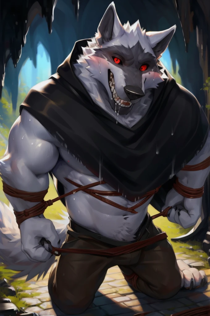 Deathwolf, maleの子, alone, Colored sclera, Red eyes, Black Cape, White fur, whole body, Humanity, (Scared:1.2), (Shocked:1.3), (Gritting your teeth、Drooling:1.3), (Close one eye:1.5), From above, Kneel, (Put your hands behind your back:1.3), (Look up:1.5), (Hands tightly bound:1.5), male, Muscular, Muscular Humanity, (Sweat:1.4), Muscular male, Old age, There is nothing there, (Bottom Wear:1.2), 8k hd, Attention to detail, Detailed Background, Dark Cave, Pino Daeni, (By Ruadri), From virtyalfobo,