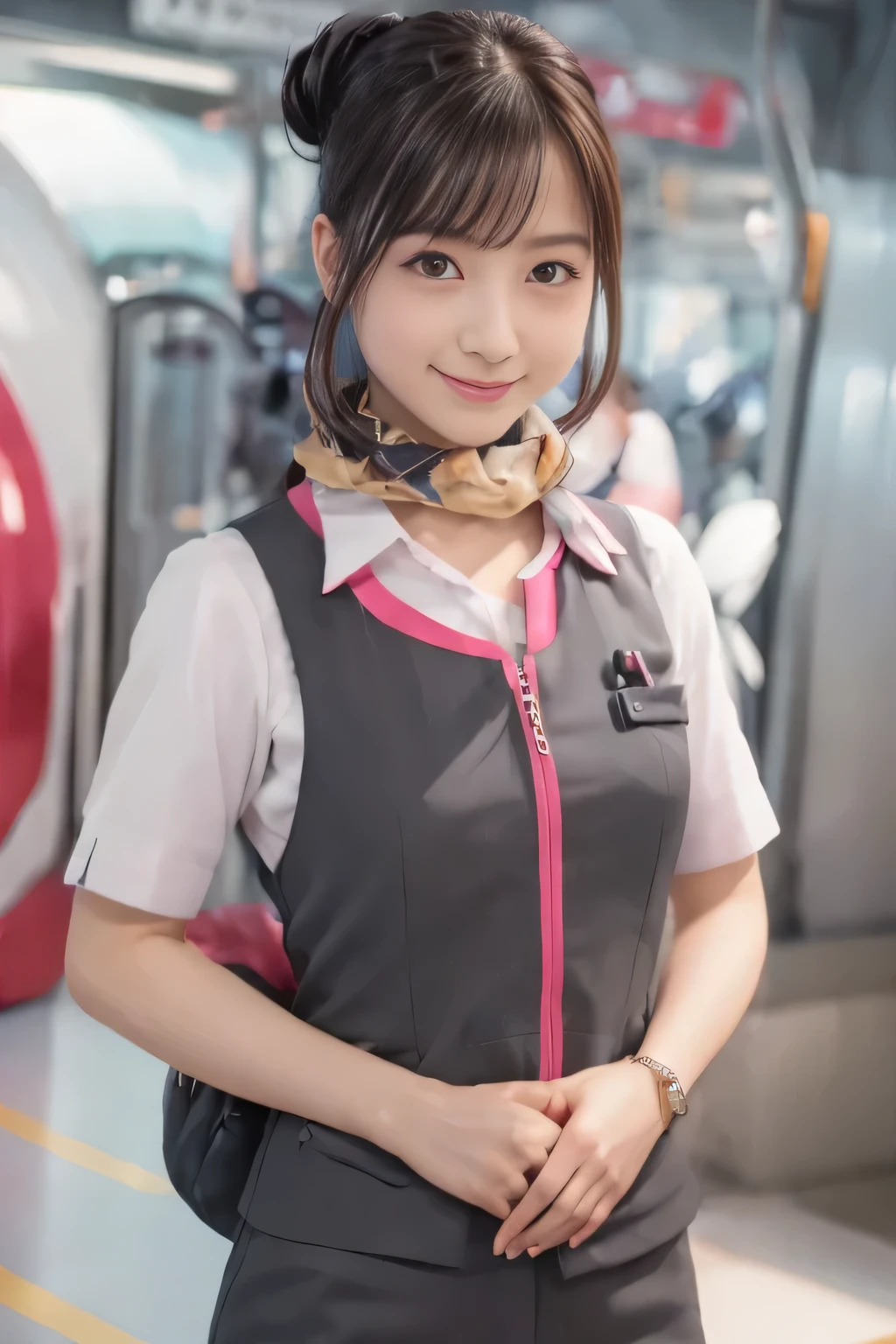 (masterpiece:1.2, Highest quality:1.2), 32k HDR, High resolution, (alone、1 Girl)、（At the station platform、Professional Lighting）、Empty train station platform background、（Realistic style of JR Gran Class crew uniform）、Short sleeve blouse、a scarf around the neck、（JR Gran Class flight attendant uniform with pink parts on the skirt sleeves）、（The uniform of a flight attendant in JR Gran Class has a pink line on the front zipper of the vest.）、Dark brown hair、（Long hair that goes up to the chest、Let your hair down）、Dark brown hair、Long Shot、Big Breasts、（（Great hands：2.0）），（（Harmonious body proportions：1.5）），（（Normal limbs：2.0）），（（Normal finger：2.0）），（（Delicate eyes：2.0）），（（Normal eyes：2.0））)、Big Breasts、Luxury Necklace、smile、Beautiful standing posture,Place your hands around your stomach