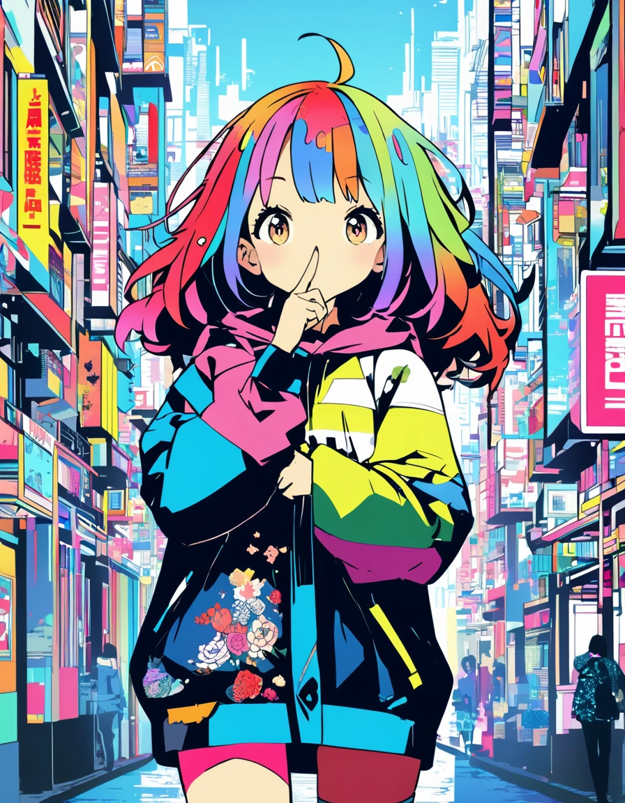 A pop and cute illustration without a main line, extremely detailed 8K CG, ultra-detailed:1.3, ultra delicate and detailed face:1.3, (absurdres, texture, masterpiece), pop art, pixiv contest winner, by Posuka Demizu, dynamic manga-style illustration of a colorful devil girl walking around a big city, she holds her index finger in front of her mouth and tells the viewer to be quiet, the background is complex and Colorful buildings and signboards are drawn by Shinro Ohtake,